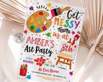 Art Birthday Invitation Party Paint Invites Colorful Painting Theme Artist Brushes Rainbow Easel Watercolor EDITABLE Digital Template #478