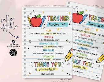 Teacher Survival Kit Printable Gift Tag INSTANT DOWNLOAD Editable Teacher Appreciation Week Gift for Teachers Back to School End of School