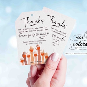 Paraprofessionals Day Gift Tags Printable INSTANT DOWNLOAD Editable Paraprofessional Appreciation Day Gift Survival Kit Card Thank You tag
