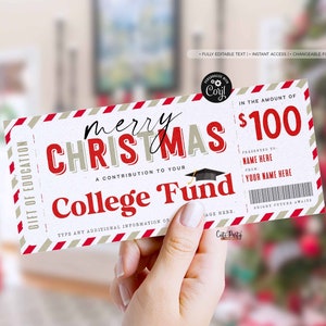 EDITIERBARE Weihnachts-College-Fonds-Vorlage, Geschenkgutschein-Schulung in beliebiger Höhe, 529 College-Sparplan-Beitrag, SOFORT-DOWNLOAD