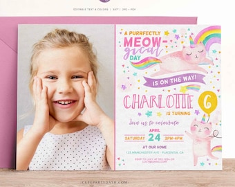 Caticorn Birthday Photo Invitation: Rainbow Cat Unicorn (Digital Download)