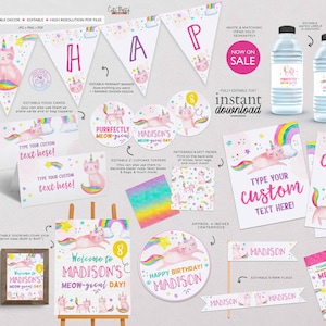 Caticorn Birthday Party Decor Bundle: Editable Rainbow Unicorn (Instant Download)