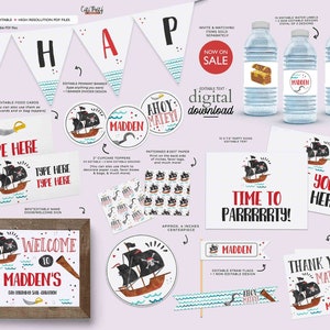 Pirate Birthday Party Decorations: Editable Banner, Favors (Digital Download)