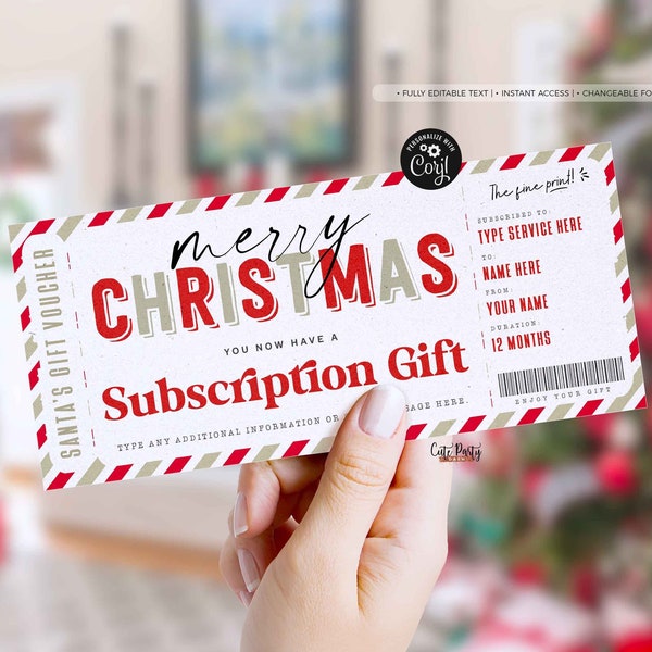 EDITABLE Christmas Subscription Gift Ticket Voucher, Streaming Service Subscription Gift Box Coupon, Surprise Gift INSTANT DOWNLOAD