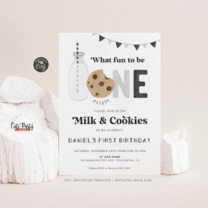 Minimal Milk and Cookies Birthday invitation, INSTANT DOWNLOAD, EDITABLE Minimalist Black White Printable Milk & Cookies Corjl invite 526