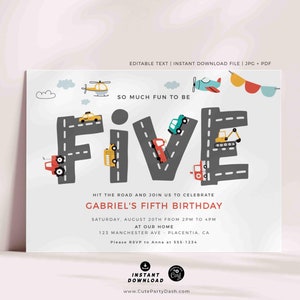 Transportation 5th Birthday Invitation: Cars & Trucks Party (Digital Download)