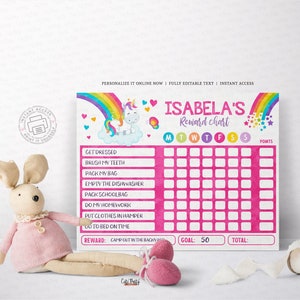 Editable Unicorn Rainbow Reward Chart for girls, Printable Unicorn Chore Chart for Kids, Chores Routine Chart Printable Template, RC001