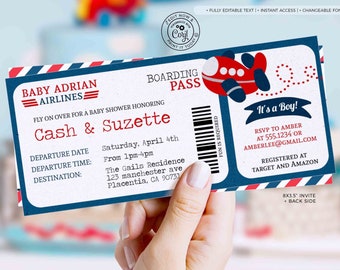 Editable Airplane Baby Shower Invitation Boarding Pass Ticket Invite Instant Download Airplane Boy Shower Printable Digital Template 213