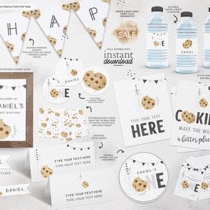 May include: A printable set of party decorations for a first birthday with a cookie theme. The set includes a welcome sign, banners, cupcake toppers, water bottle labels, favor tags, and more. The decorations feature a brown cookie with chocolate chips and a glass bottle with a straw.