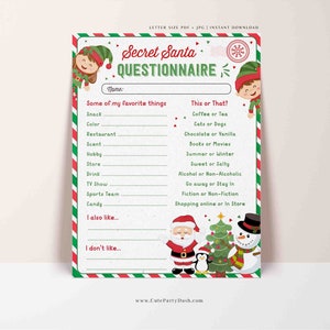 Weihnachten Secret Santa Fragebogen Druckbare Secret Santa Form für Arbeit Feiertage Wunschliste Geschenk Austausch Fragen SOFORTIGER DOWNLOAD 600