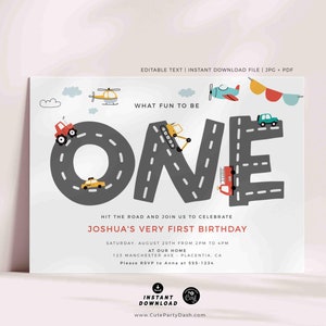 Transportation First Birthday Invitation: Cars & Trucks Party (Digital Download)