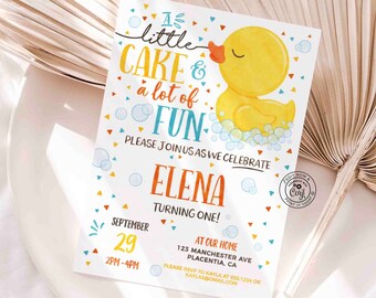 May include: A birthday party invitation with a yellow rubber duck illustration. The invitation reads "A little cake & a lot of FUN" and includes the name "ELENA" and the date "September 29".