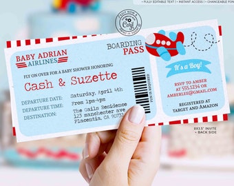 Airplane Baby Shower invite Template Editable Boarding Pass Baby Shower Ticket invitation Printable Baby Boy Shower INSTANT DOWNLOAD 213