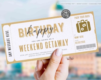 May include: A printable birthday card designed to look like a vintage airline ticket. The card is brown and gold with the text "Happy Birthday" and "You are going on a Weekend Getaway".