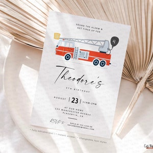 Minimalist Fireman Birthday Invitation, Editable Firetruck party invite, Fire engine birthday corjl Firemen Firetruck INSTANT DOWNLOAD 433