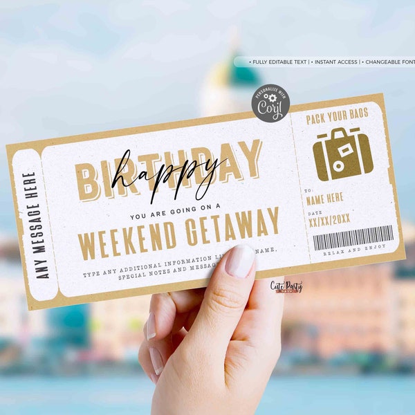 Weekend Getaway Ticket Voucher Template Editable Surprise Birthday Trip gift idea for Weekend Getaway Invitation Car Travel INSTANT DOWNLOAD