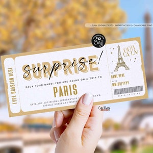 Überraschungsreise nach Paris Geschenkticket Vorlage, bearbeitbares Reiseticket, Geburtstag Paris Frankreich Urlaub Bordkarte Reise SOFORTIGER DOWNLOAD