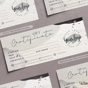 Plantilla editable de certificado de regalo moderno, DESCARGA INSTANTE, Agregue su logotipo, Tarjeta de regalo Abstrract Corjl Vale de regalo editable imprimible BU015