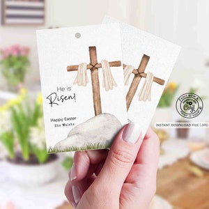 Il est ressuscité étiquette-cadeau de Pâques imprimable TÉLÉCHARGEMENT IMMÉDIAT étiquette de faveur de Pâques religieuse modifiable étiquette de régal Jésus chrétien carte joyeuses pâques croix