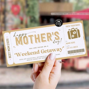 Mother's Day Gift Editable Weekend Getaway Voucher Template, Surprise Trip gift ticket from Daughter, son, Travel Voucher INSTANT DOWNLOAD