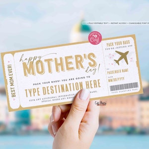 Mothers Day Gift Boarding Pass Trip Voucher Template, Editable Fake Airplane Surprise Trip gift ticket Travel mom, grandma INSTANT DOWNLOAD
