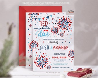 May include: Red, white, and blue baby shower invitation with a fireworks design. The invitation says "Red white & due" and includes the names Josh & Amanda. The invitation is for a baby shower on Saturday, July 2nd from 2pm to 4pm at The Gail's Residence, 123 Manchester Ave, Placentia, CA. The invitation also includes the text "Registered at Buy Buy Baby".