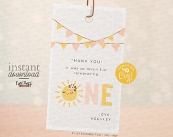 Tag Sunshine Birthday Favor: bewerkbaar bedankje (digitale download)