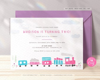 Train 2nd Birthday Invitation Girl: Minimalist Choo Choo (Editable Digital Template)