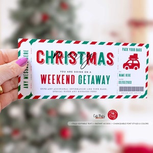 Weihnachts-Wochenend-Getaway-Gutscheinvorlage, Überraschungsreise-Geschenkticket, Wochenendausflugs-Reise gefälschter Geschenkgutschein, der bearbeitet werden kann SOFORTIGER DOWNLOAD