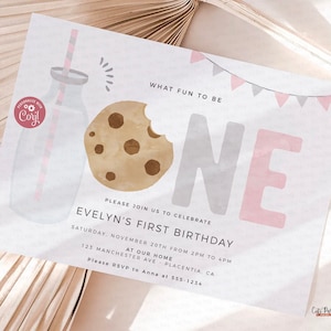 Minimal Milk and Cookies Birthday Girl invitation INSTANT DOWNLOAD EDITABLE Minimalist Pink Gray Printable Milk & Cookies Corjl invite 422