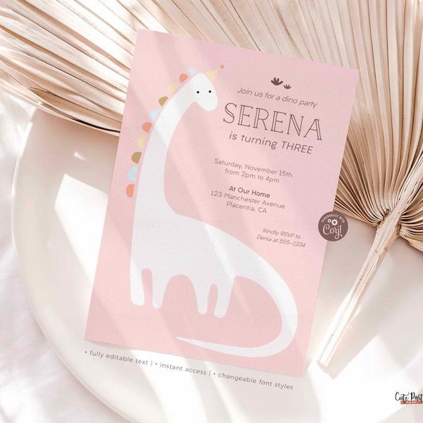 Minimalist Dinosaur Birthday Girl Invitation, Dinosaur party invite Template, Printable T-Rex Three Two Rex Editable INSTANT DOWNLOAD, #390