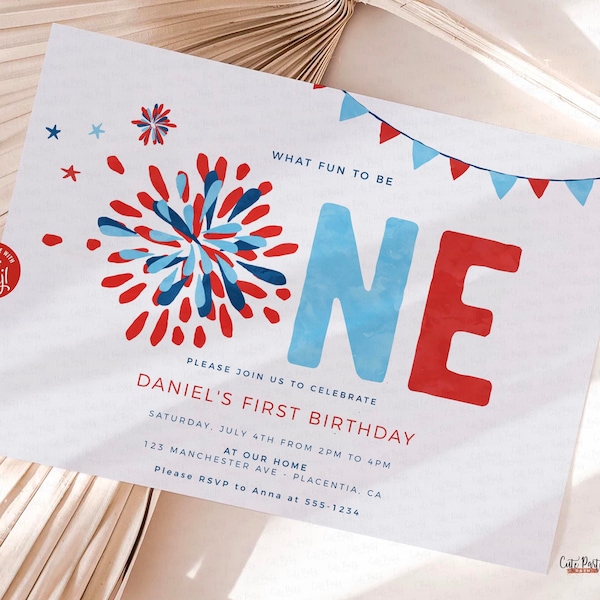 4th of July First birthday invitation INSTANT DOWNLOAD  boy girl Independence Day fireworks little firecracker invite Stars Stripes 453