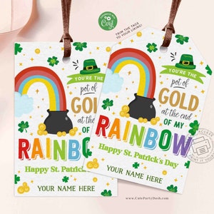 Pot of Gold Rainbow St. Patrick’s Day Gift Tag, Friend Happy St. Patrick&#39;s Day Printable tag Lucky Charm Shamrock INSTANT DOWNLOAD EDITABLE