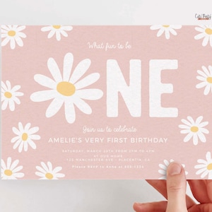 Daisy First Birthday Invitation: Retro Pink Floral (Instant Download)