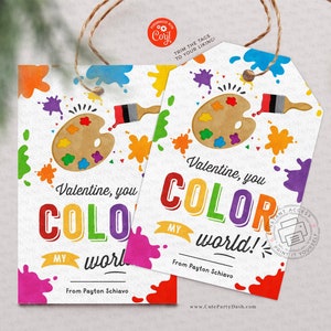 Etiqueta de presente editável You Color My World para o Dia dos Namorados, paleta de tintas artísticas para impressão infantil, sem doces, DOWNLOAD INSTANTÂNEO TG054 478