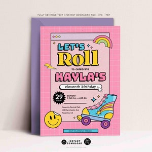 Roller Skate Birthday Party Invitation Printable INSTANT DOWNLOAD Let's Roll Retro Groovy  Roller skating Birthday Party Girl Invitation 360