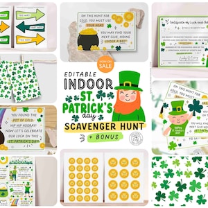 May include: Editable printable St. Patrick's Day scavenger hunt game with a green leprechaun illustration, gold coins, shamrocks, and instructions for an indoor game. The game includes a certificate of luck and adventure, a pot of gold, and a rainbow.