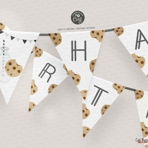 Minimalist Milk and Cookies Birthday Wall Banner, Happy Birthday Pennant, Flag Party Decor, Printable Wall Decoration INSTANT DOWNLOAD 526