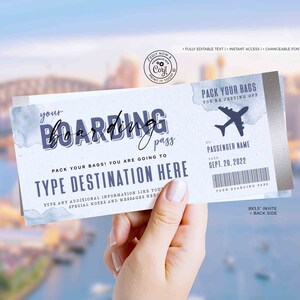 Modèle de billet de carte d'embarquement modifiable Voyage surprise imprimable Révéler un billet cadeau Faux billet d'avion Bon cadeau d'anniversaire TÉLÉCHARGEMENT INSTANTANÉ