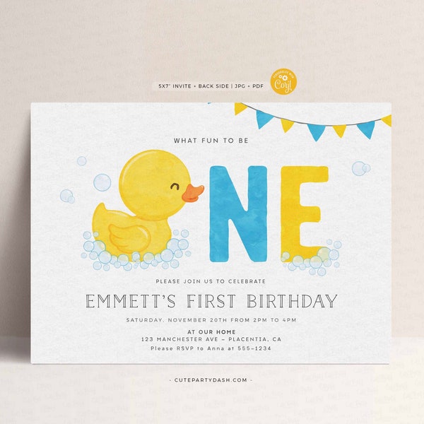 Rubber Duck First birthday Party invitation, Yellow Rubber duckie, INSTANT DOWNLOAD Printable blue yellow Ducky Birthday editable invite 429