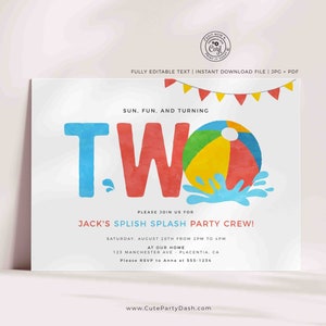 Pool Party Second birthday invitation Printable INSTANT DOWNLOAD Swimming Pool Summer Beach Ball 2nd Birthday EDITABLE invite boy girl 427 image 1
