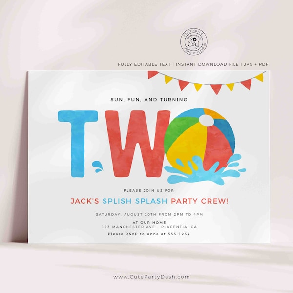 Pool Party Second birthday invitation Printable INSTANT DOWNLOAD Swimming Pool Summer Beach Ball 2nd Birthday EDITABLE invite boy girl 427