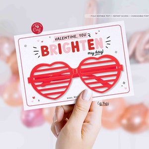 Heart Sunglasses Valentine's Day Card Holder INSTANT DOWNLOAD, EDITABLE Non-Candy You brighten my day Valentines gift tag, Kids Classroom