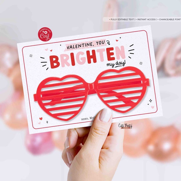 Heart Sunglasses Valentine's Day Card Holder INSTANT DOWNLOAD, EDITABLE Non-Candy You brighten my day Valentines gift tag, Kids Classroom