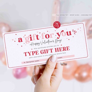Certificado de regalo personalizado del Día de San Valentín Imprimible DESCARGA INSTANTE Plantilla de vale de regalo editable Regalo sorpresa del Día de San Valentín para ella