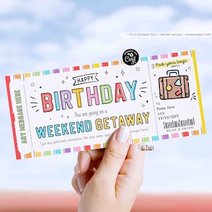 Modelo de voucher editável para escapadela de fim de semana DOWNLOAD INSTANTÂNEO Bilhete de presente de viagem surpresa para escapadela de fim de semana, viagem de aniversário, voucher de hotel # 188