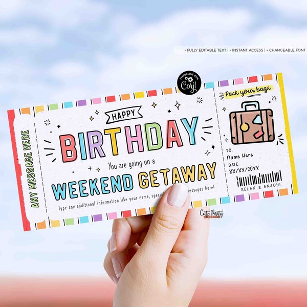 Editable Weekend Getaway Voucher Template INSTANT DOWNLOAD Surprise Trip gift ticket Weekend Getaway Birthday Trip Away Hotel Voucher #188