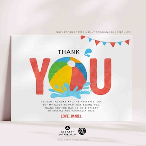 Cartão de agradecimento de aniversário para festa na piscina para impressão DOWNLOAD INSTANTÂNEO Piscina Verão Bola de praia Nota de agradecimento Aniversário EDITÁVEL menino menina 427