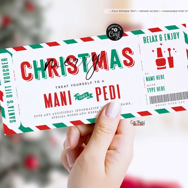 Christmas Manicure Pedicure Gift Voucher Template Mani Pedi Gift Ticket Coupon Nail Salon Christmas Gift Idea for mom, wife INSTANT DOWNLOAD