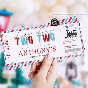 EDITABLE Chugga Chugga Choo choo Train Birthday Party ticket invitation, Second Birthday two two train Boarding Pass printable invite 386